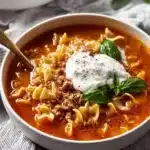 One Pot Turkey Lasagna Soup served in a bowl with herbs and cheese on top