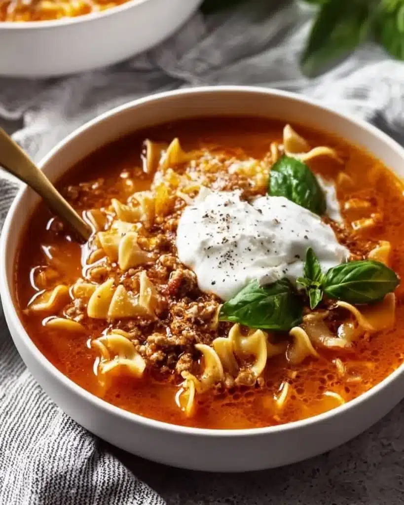 One Pot Turkey Lasagna Soup served in a bowl with herbs and cheese on top
