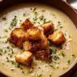 Bowl of roasted garlic potato soup topped with Gruyère grilled cheese croutons