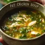 A bowl of simple chicken soup with vegetables and herbs, a comforting meal.