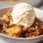 Slow cooker apple crisp dessert topped with oats and fresh apples