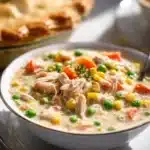 Delicious slow cooker chicken pot pie served in a bowl with herbs
