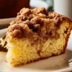 Slice of Sourdough Discard Coffee Cake on a plate with coffee.