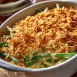 Delicious Southern-style green bean casserole served in a baking dish