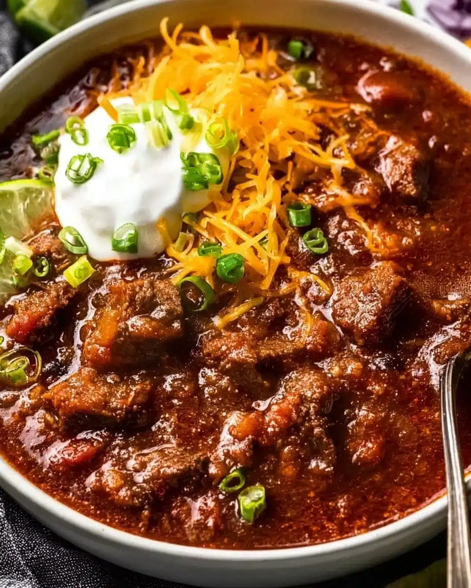 Bowl of Texas No Bean Chili with spices and garnishments on a wooden table