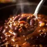 A steaming bowl of the best chili recipe topped with cheese and herbs.