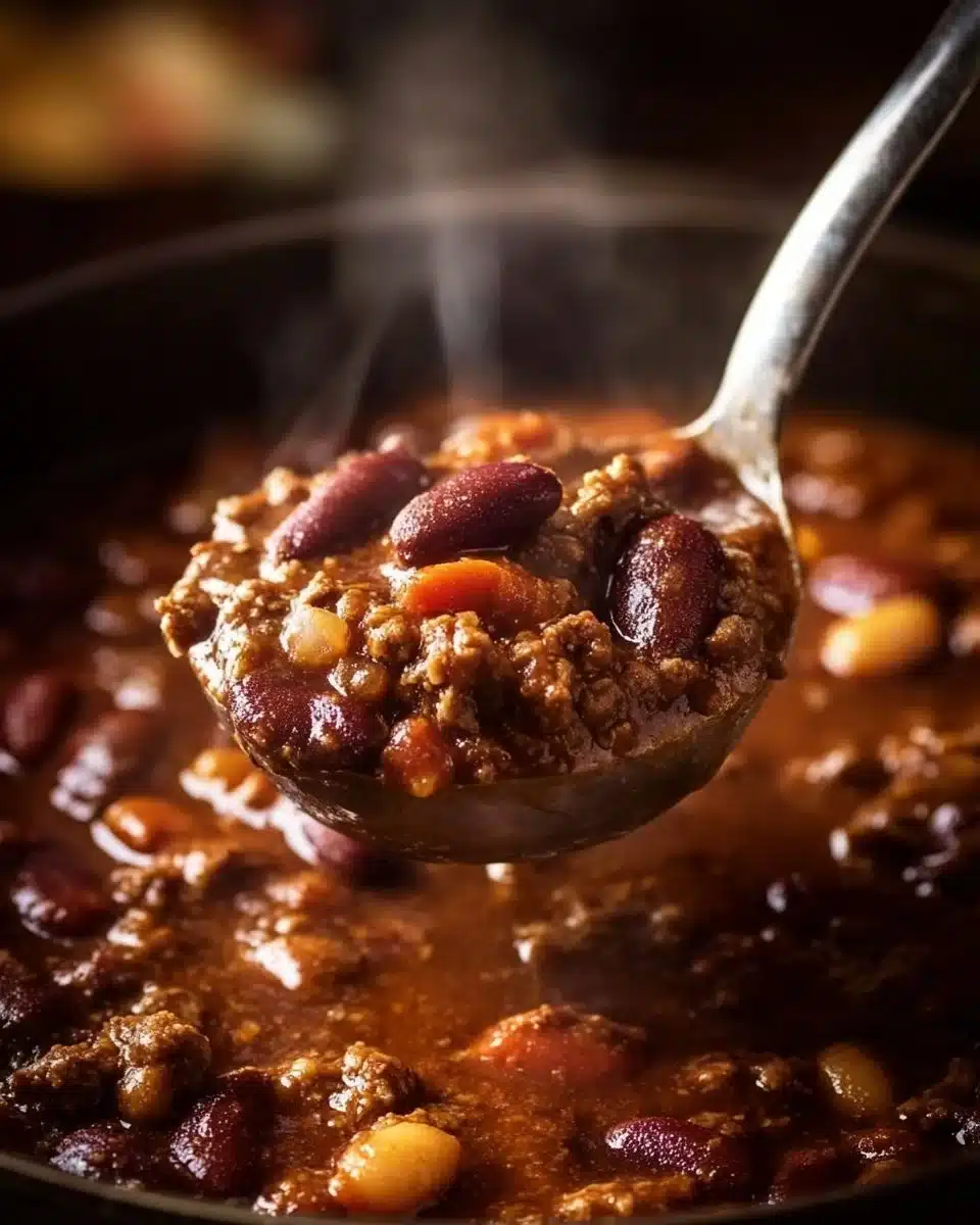 A steaming bowl of the best chili recipe topped with cheese and herbs.
