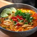 A warm bowl of spicy chicken noodle soup garnished with herbs and spices