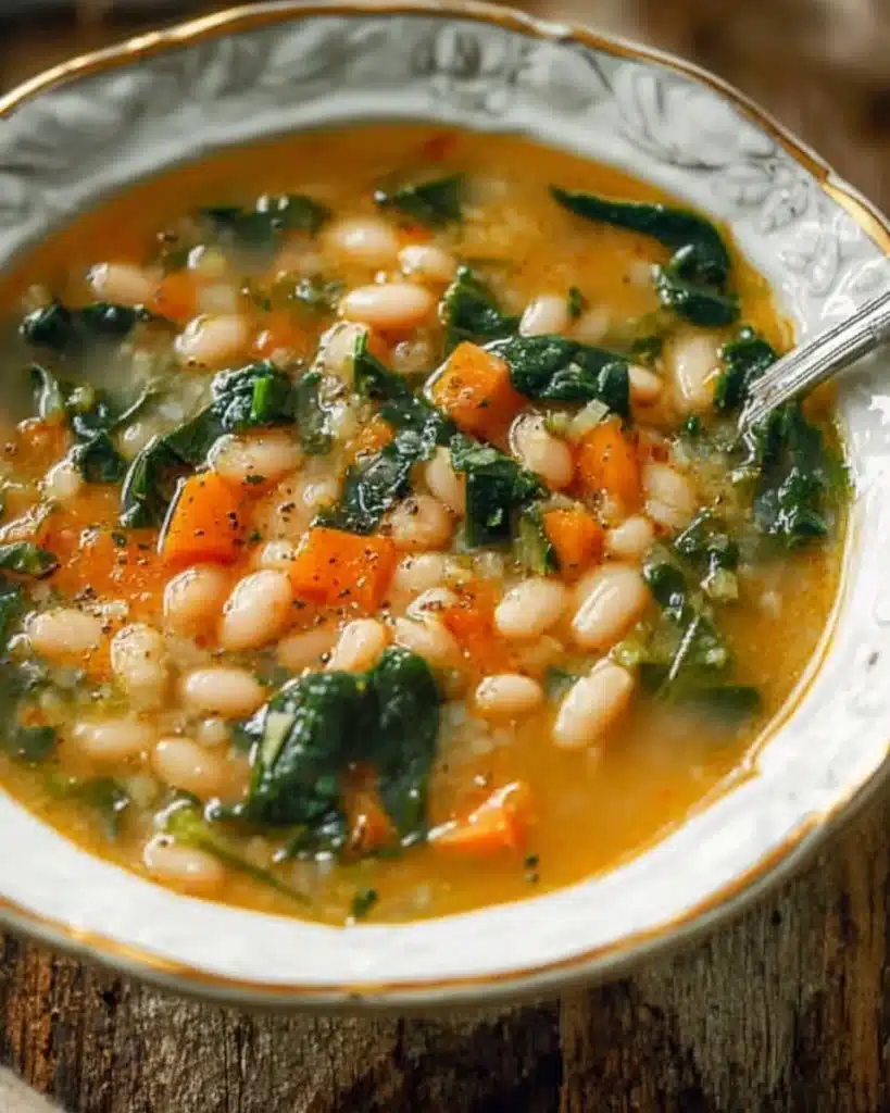 Delicious bowl of the best white bean soup garnished with herbs.