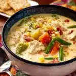Delicious bowl of turkey pot pie soup garnished with herbs