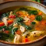 Bowl of Tuscan-style chicken soup garnished with herbs and vegetables