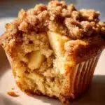 Freshly baked apple cinnamon muffins with streusel topping in a muffin tray.