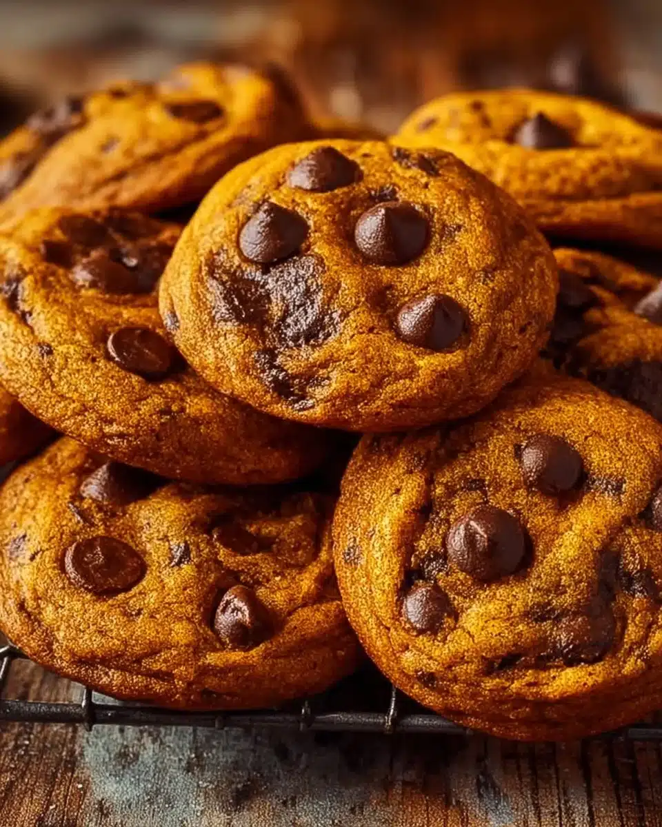 Vegan pumpkin chocolate chip cookies on a wooden board with autumn decorations.