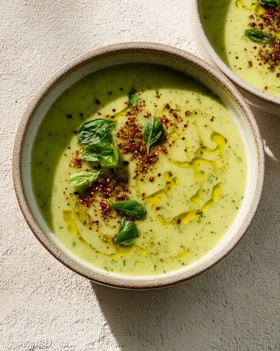 Bowl of creamy Vegan Zucchini Soup topped with herbs and spices