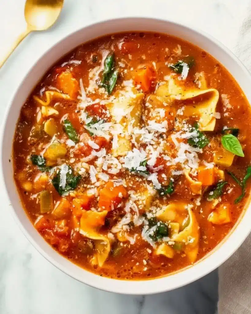 Bowl of veggie-loaded lasagna soup topped with fresh herbs and cheese