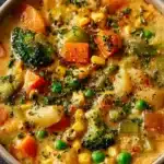 A bowl of Veggie Pot Pie Soup filled with colorful vegetables and herbs