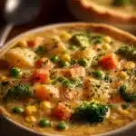 Bowl of Veggie Pot Pie Soup garnished with herbs, showcasing seasonal vegetables.