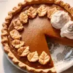 Slice of apple butter pie topped with whipped cream on a white plate