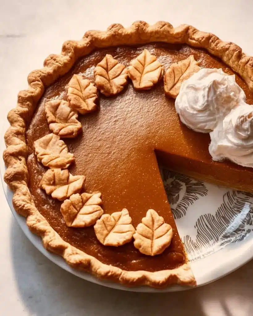 Slice of apple butter pie topped with whipped cream on a white plate