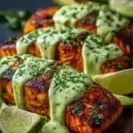Baked Cajun salmon garnished with avocado lime sauce on a white plate