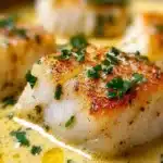 Baked Cod fillets in Coconut Lemon Cream Sauce on a plate