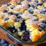 Delicious blueberry breakfast cake served on a plate with fresh blueberries.