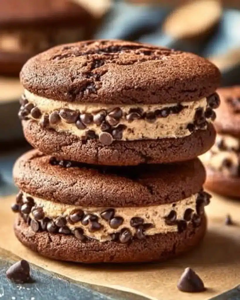 Delicious Brownie Cookie Dough Sandwich Cookies ready to be enjoyed