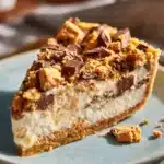 Delicious Butterfinger Peanut Butter Pie topped with crushed Butterfinger candy.
