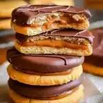 Delicious caramel chocolate shortbread-style cookies on a plate.