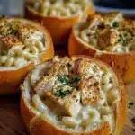 Chicken Alfredo served in garlic bread bowls for a delicious meal
