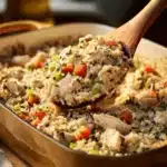 Homemade Chicken Wild Rice Casserole topped with herbs and spices