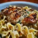 Plate of chicken served with buttered noodles garnished with herbs.
