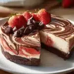 Chocolate Strawberry Swirl Cheesecake topped with fresh strawberries and chocolate drizzle.