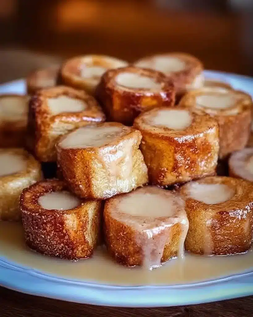 Cinnamon Roll French Toast Bites served with syrup on a plate