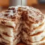 Stack of cinnamon roll pancakes drizzled with icing and cinnamon sugar
