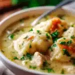 Bowl of classic chicken and dumplings with biscuits, garnished with herbs.