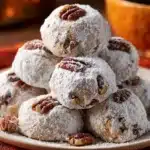 Classic Pecan Snowball Cookies dusted with powdered sugar on a plate