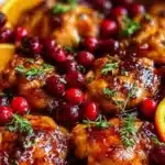 Delicious Cranberry Orange Chicken dish garnished with cranberries and oranges.