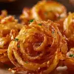 Crispy Mini Blooming Onions cooked in an Air Fryer, served as a tasty appetizer