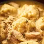 Crock Pot Chicken and Dumplings served in a bowl with fresh herbs