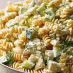 Bowl of Dill Pickle Pasta Salad with pasta, dill pickles, and creamy dressing.