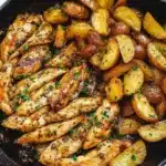 Garlic Butter Chicken and Potatoes Skillet dish, showcasing juicy chicken and golden potatoes.