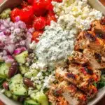Delicious Greek chicken bowl with fresh vegetables and feta cheese.
