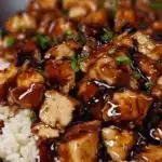 Delicious Honey BBQ Chicken served on a bed of rice
