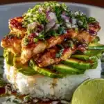 Delicious Honey Lime Chicken and Avocado Stack served on a plate