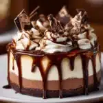 Hot Fudge Sundae Brownie Cheesecake topped with fudge and whipped cream