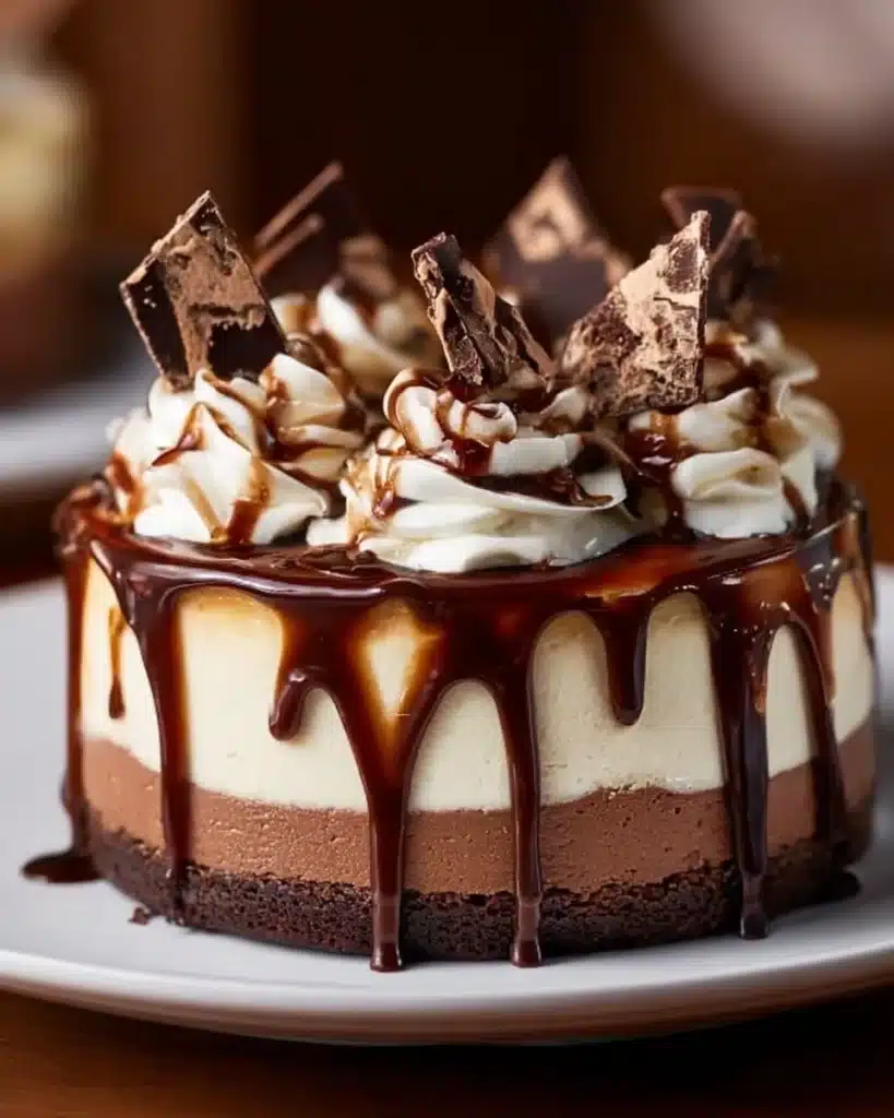 Hot Fudge Sundae Brownie Cheesecake topped with fudge and whipped cream