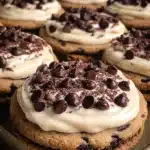 Delicious chocolate chip cookie cheesecake slice topped with chocolate chips