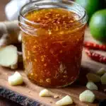 Mango Habanero Honey Garlic Sauce in a small bowl with a fresh mango and habanero peppers.