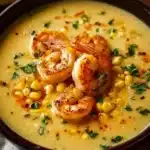 A bowl of New Orleans shrimp and corn bisque garnished with herbs